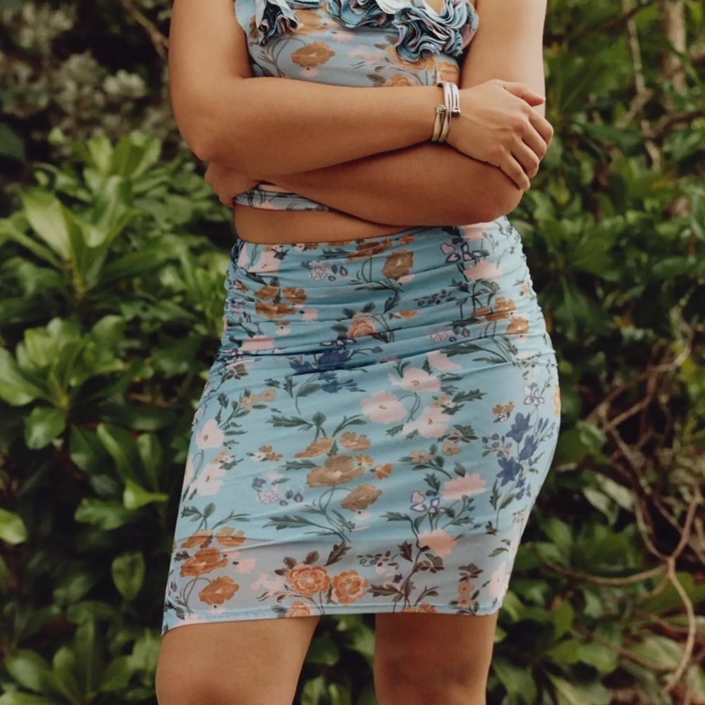 Anthropologie Printed Mesh Knee-Length Skirt in Blue Floral By Maeve NWT